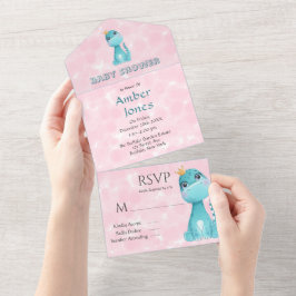 Aqua Princess Niedlich Dinosaurier Pink Peony Baby All In One Einladung