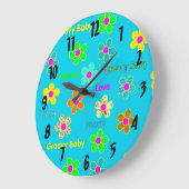 Aqua Psychedelic 60s Groovy Flowers Pattern Große Wanduhr (Winkel)