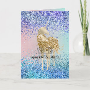 Aqua Purple Glitter Sparkle Gold Unicorn Karte
