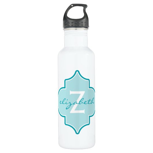 Aqua Quatrefoil Monogramm Edelstahlflasche (Vorderseite)