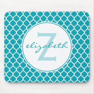 Aqua Quatrefoil Monogramm Mousepad