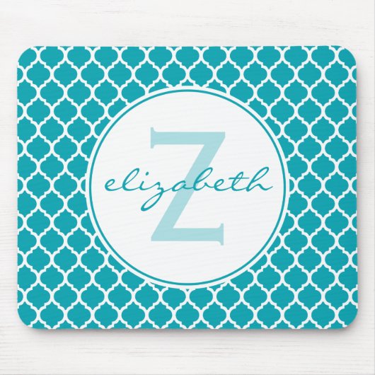 Aqua Quatrefoil Monogramm Mousepad (Vorne)