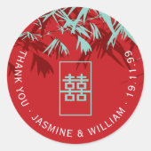 Aqua & Red Bamboo Blätter Shuang Xi Chinese Weddin Runder Aufkleber (Vorderseite)