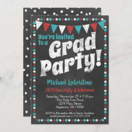 Aqua Red Chalkboard Graduation Party Einladung