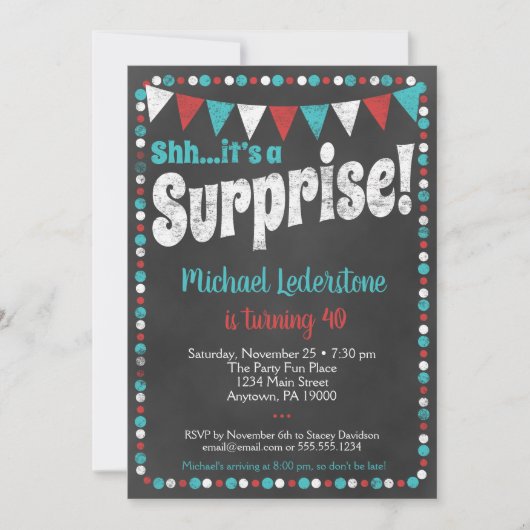 Aqua Red Chalkboard Überraschung Einladung (Vorderseite)