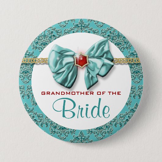 Aqua Red Gold Damask "Bridal Buttons" Button (Vorderseite)