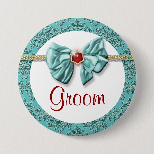 Aqua Red Gold Damask "Bridal Buttons" Button (Vorderseite)