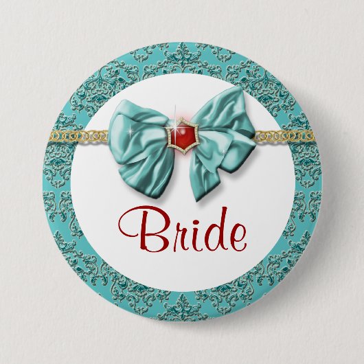 Aqua Red Gold Damask "Bridal Buttons" Button (Vorderseite)