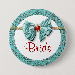 Aqua Red Gold Damask "Bridal Buttons" Button