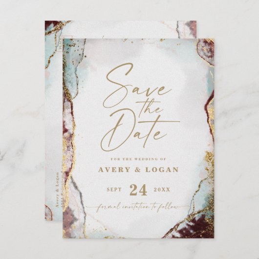 Aqua Red & Gold Winter Wedding Save the Date Ankündigungspostkarte (Vorne/Hinten)