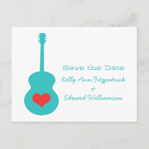 Aqua/Red Guitar Herzstück Save the Date Postkarte