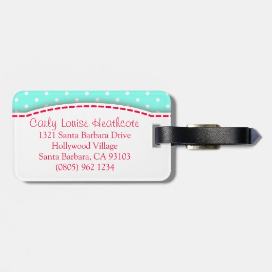 Aqua Red Ladybug & Polka Punkte mit Namen Gepäckan Gepäckanhänger (Rückseite horizontal)