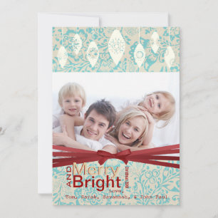 Aqua Red Retro Merry and Bright Family Foto Card Feiertagskarte