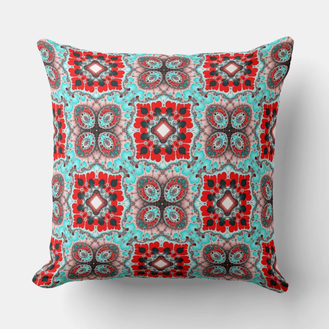 Aqua Red Square Pattern Kissen (Vorderseite)