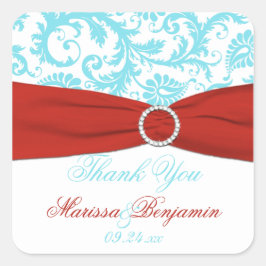 Aqua, Red und White Damask Wedding Favor Sticker