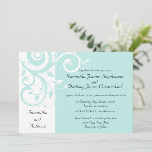 Aqua Reverse Swirl Wedding Einladungen (Stehend Vorderseite)