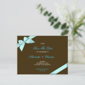 Aqua Ribbon Wedding Save the Date 4 Ankündigungspostkarte (Stehend Vorderseite)