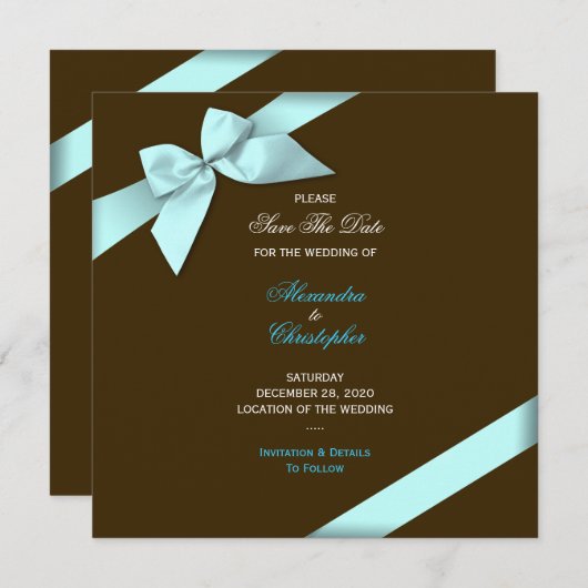 Aqua Ribbon Wedding Save the Date S5V2 (Vorne/Hinten)