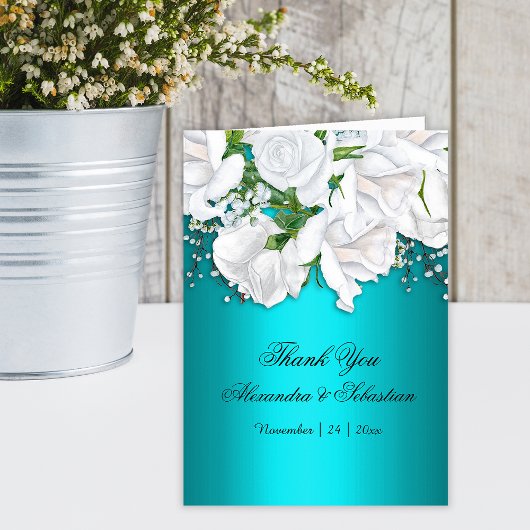 Aqua Romance White Floral Wedding Dankeskarte