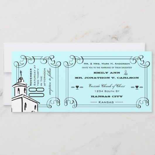 Aqua Romantic Chapel Ticket Wedge Einladung (Vorderseite)