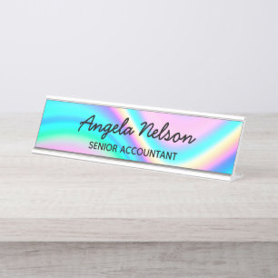 Aqua Rosa Irisierender Regenbogen-Wellen-Ombre Schreibtischnamensplakette