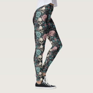 Aqua Rosa und schwarze gothische Blumen mit Totenk Leggings