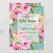 Aqua-Rose Glitzer Brautparty Einladung (Vorne/Hinten)