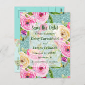 Aqua-Rose Glitzer Save the Date Postkarte (Vorne/Hinten)