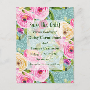 Aqua-Rose Glitzer Save the Date Postkarte