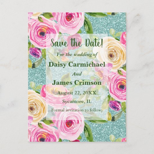 Aqua-Rose Glitzer Save the Date Postkarte (Vorderseite)
