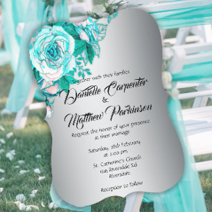 Aqua Rose und Silber Elegance Kurvige Hochzeit Einladung