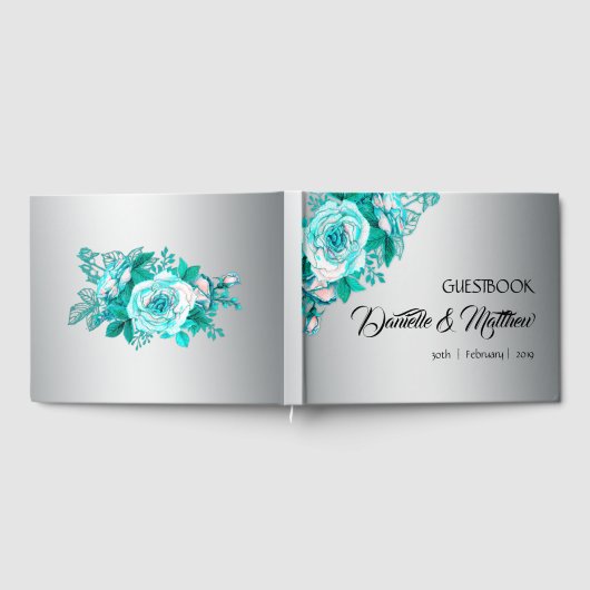 Aqua Rose und Silver Wedding Gästebuch (Voll)