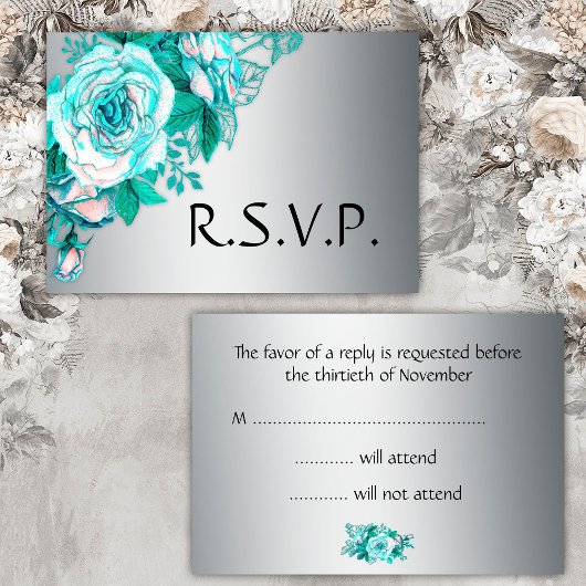 Aqua-Rose und Silver Wedding RSVP Karte