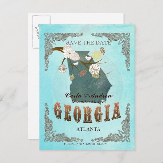 Aqua Save the Date - Georgia Map mit schönen Vögel Ankündigungspostkarte (Vorne/Hinten)