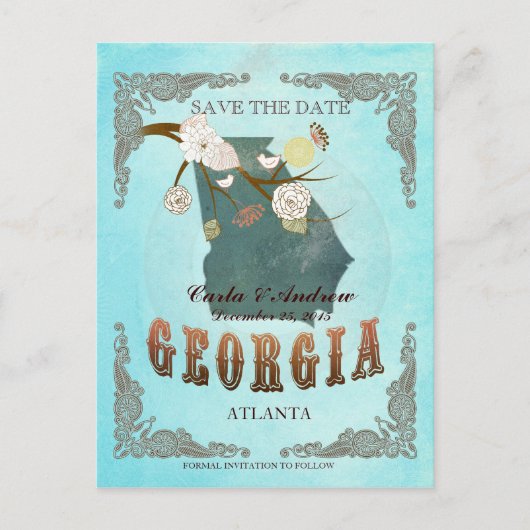 Aqua Save the Date - Georgia Map mit schönen Vögel Ankündigungspostkarte (Vorderseite)