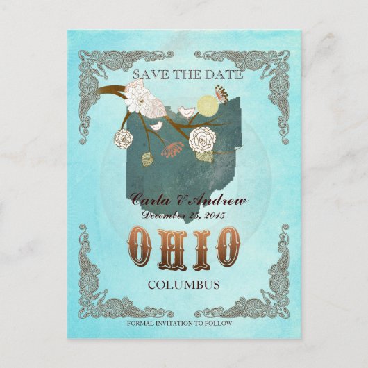 Aqua Save the Date - Ohio Karte mit hübschen Vögel (Vorderseite)