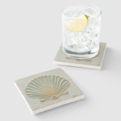 Aqua Scallop Shell Coastal Art Steinuntersetzer (Seitenansicht)