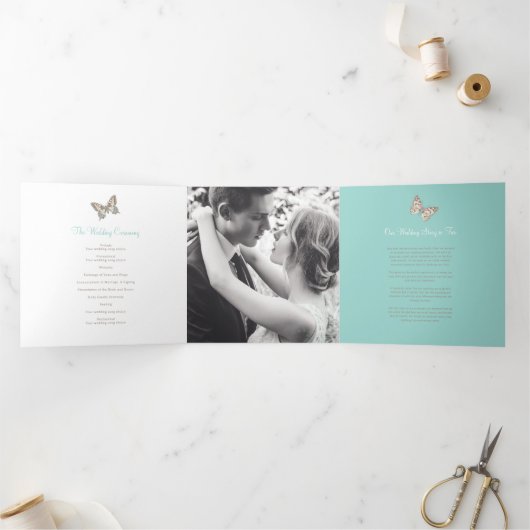 Aqua-Schmetterlinge für die Hochzeitserneuerung Dreifach-gefaltete Programmkarte (Innenseite)