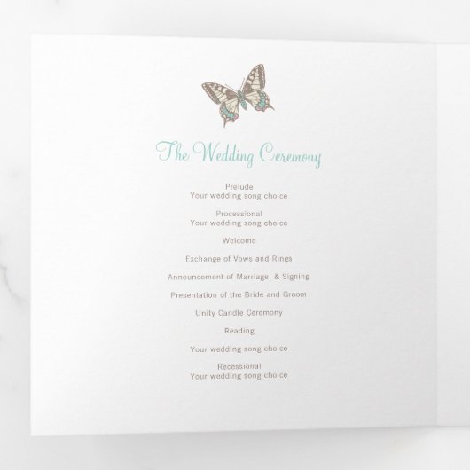 Aqua-Schmetterlinge für die Hochzeitserneuerung Dreifach-gefaltete Programmkarte (Innen Erste Seite)