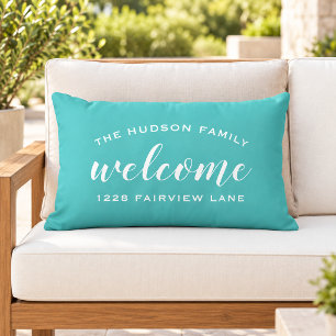 Aqua-Schrift-Willkommens-Monogramm-Veranda Kissen Für Draußen