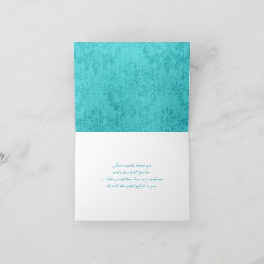 Aqua Schwarz-weiß Floral Damask Danke Karte (Innenseite)