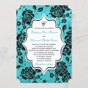 Aqua Schwarz-weiß Floral Damask Einladung Hochzeit