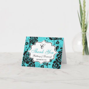 Aqua Schwarz Weiß Floral Damast Dankeskarten Dankeskarte