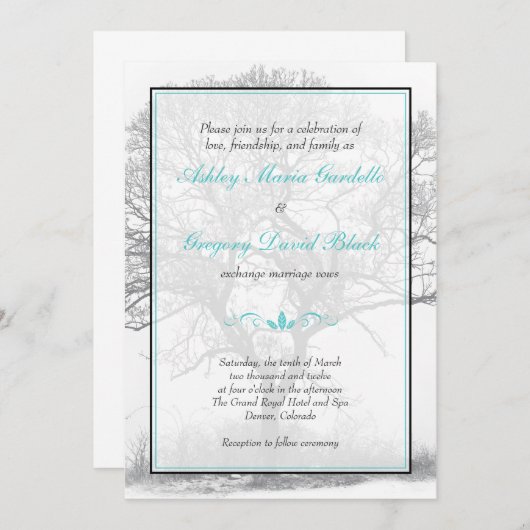 Aqua Schwarz-weiß Winter Tree Einladung Hochzeit (Vorne/Hinten)