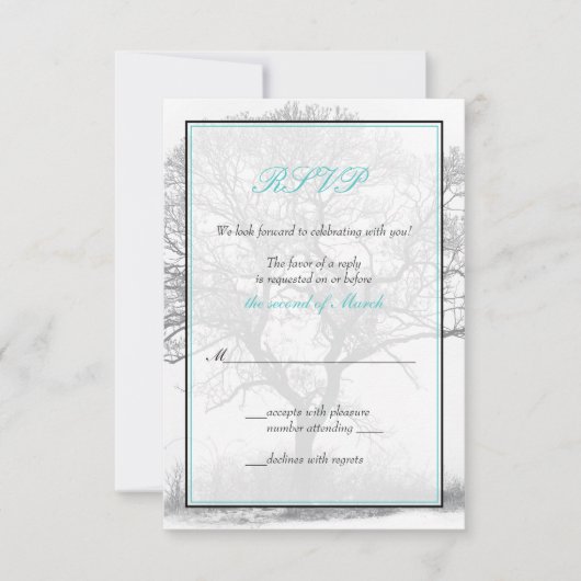 Aqua Schwarz-weiß Winter Tree Wedding Repcard RSVP Karte (Vorderseite)
