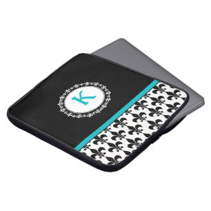 Aqua-schwarze mit Monogramm Lilien-Laptop-Hülse Laptopschutzhülle