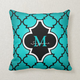 Aqua schwarzes Quatrefoil Muster-mit Monogramm Kissen