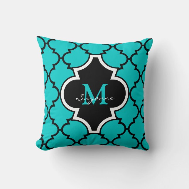 Aqua schwarzes Quatrefoil Muster-mit Monogramm Kissen (Vorderseite)