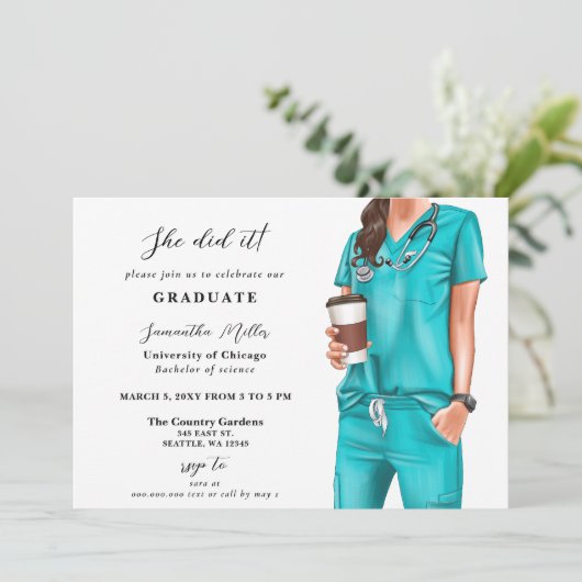 Aqua Scrubs Nurse Foto Sie tat es Abschluss Einladung (Stehend Vorderseite)