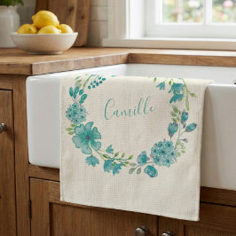 Aqua Sea Green Floral Wreath Personalisiert Geschirrtuch